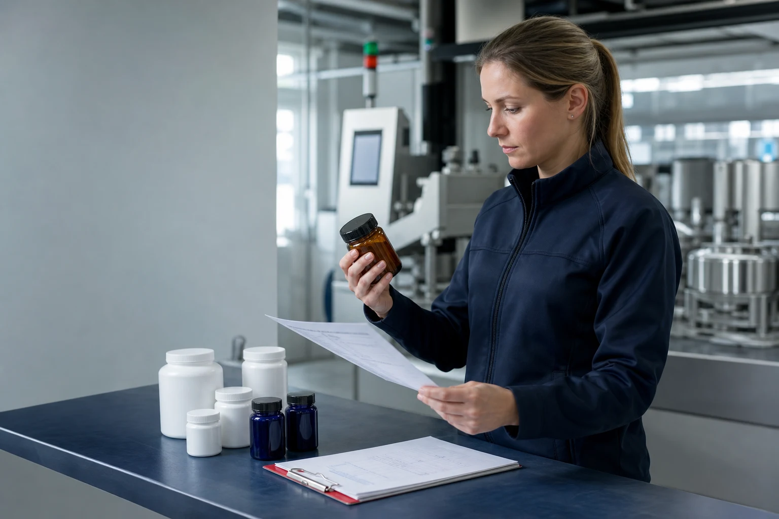 Qualitätsspezialistin prüft eine Produktprobe in der Helvetpet Fertigungsumgebung