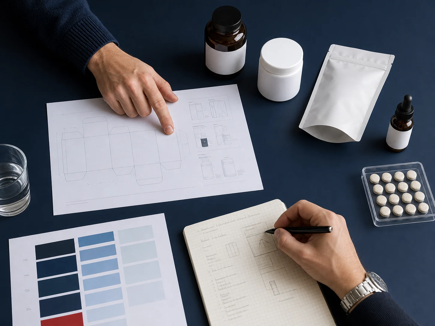 Technisches Produktbriefing mit Verpackungsmustern und Spezifikationen