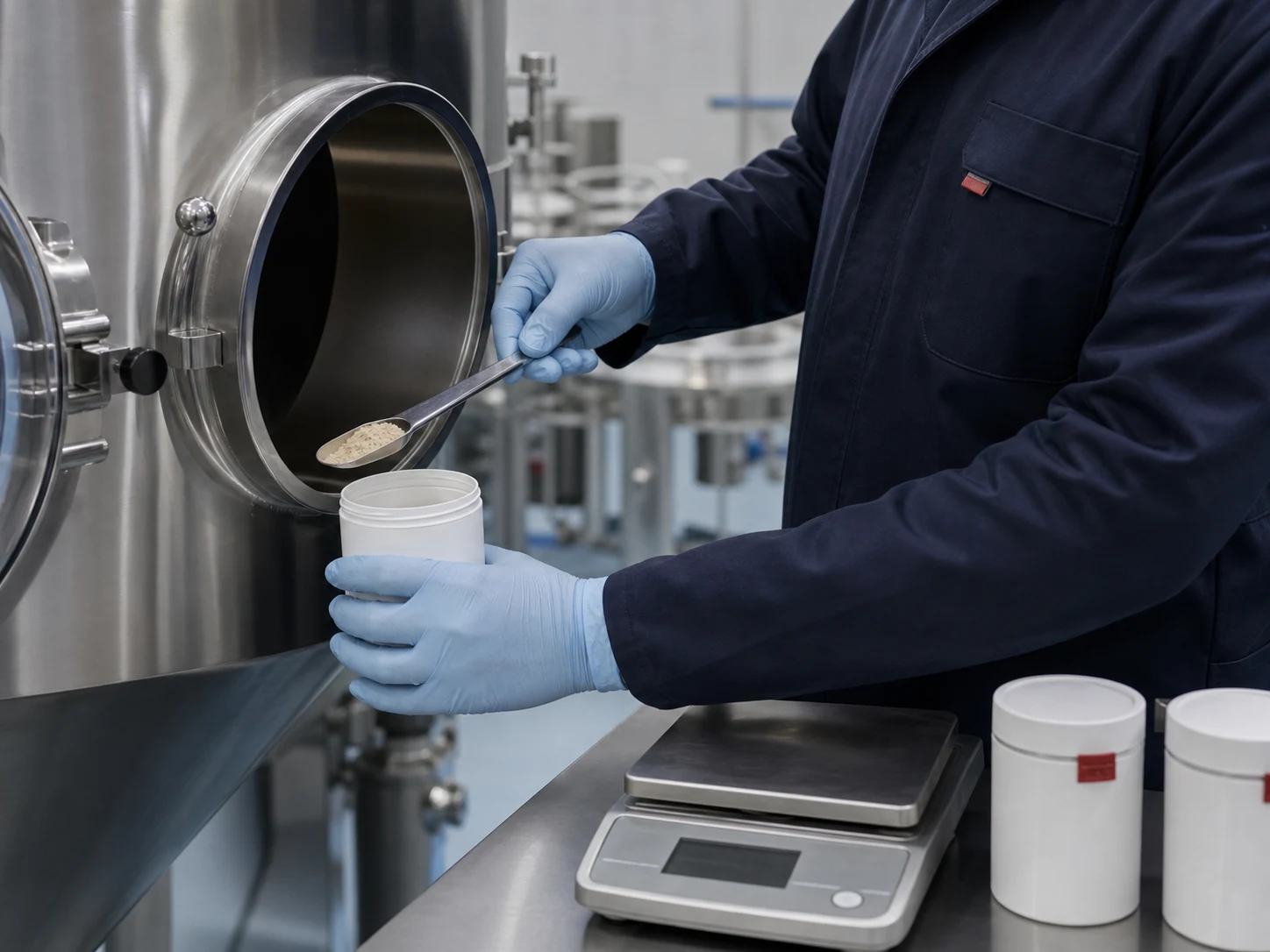Qualitätsmitarbeiter entnimmt eine Pulverprobe aus einem Edelstahlbehälter